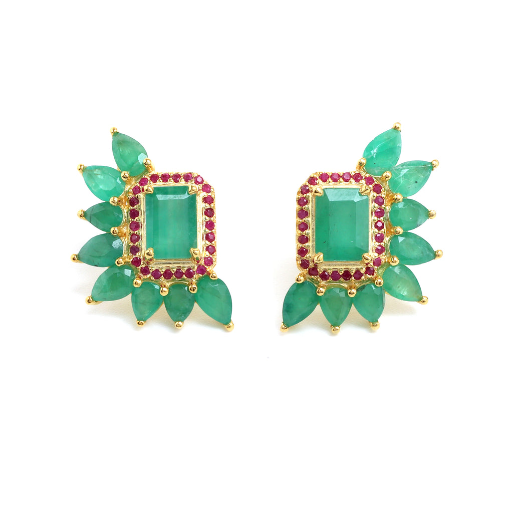 Emerald & Ruby Cluster Stud Earrings in 18K Gold-Plated Sterling Silver