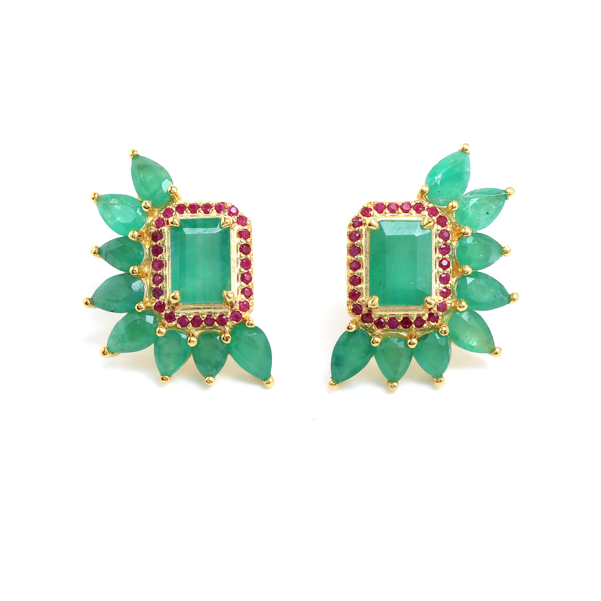 Emerald & Ruby Cluster Stud Earrings in 18K Gold-Plated Sterling Silver