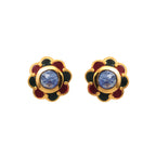 Floral gold stud earrings with blue gemstone center and red green enamel petals