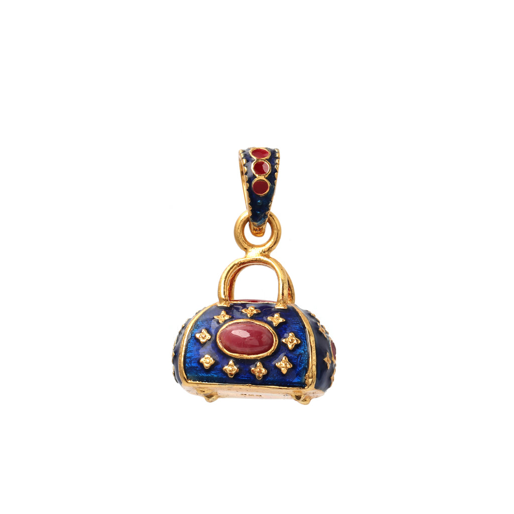 Gold plated ruby handbag pendant with blue enamel in 925 sterling silver