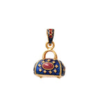 Gold plated ruby handbag pendant with blue enamel in 925 sterling silver