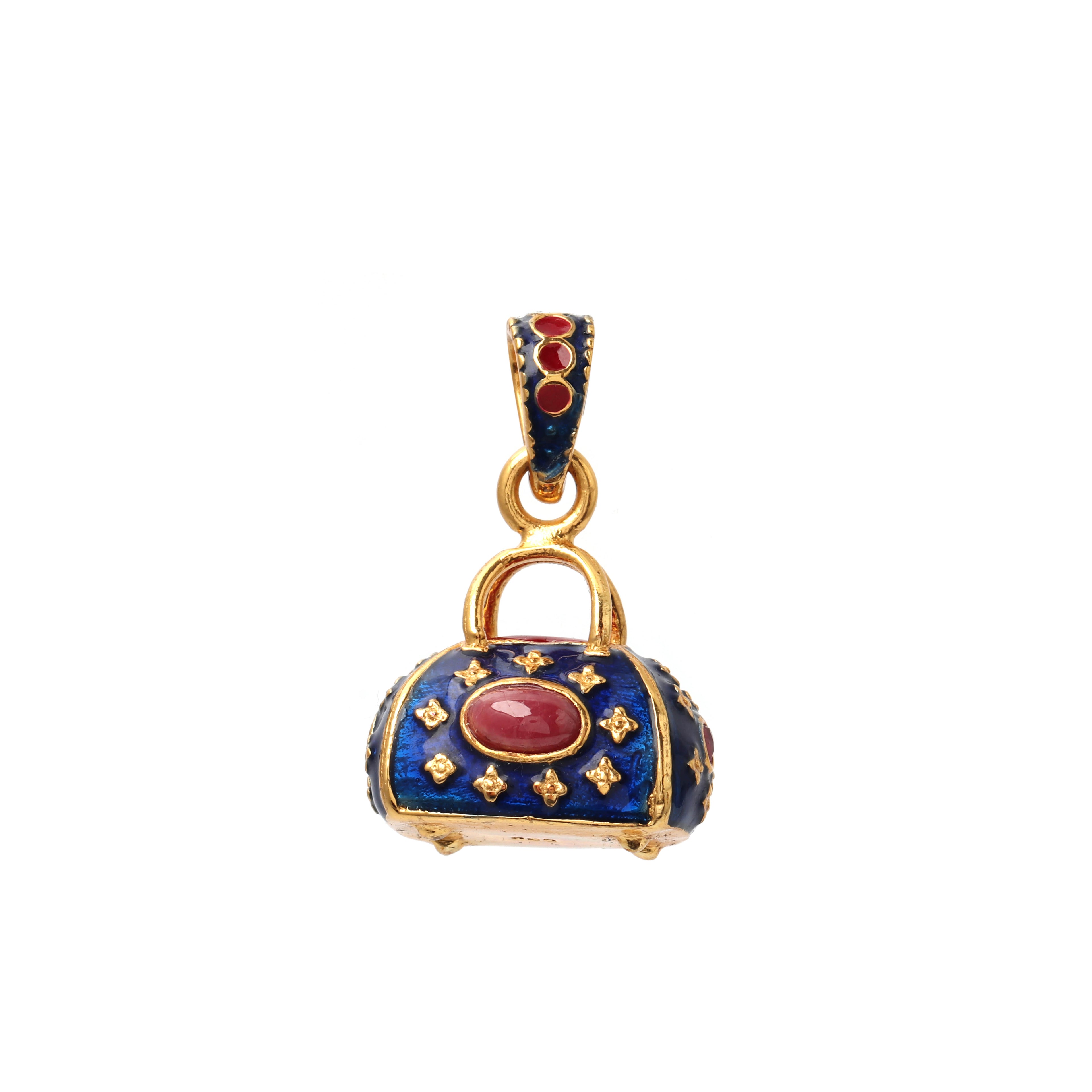 Gold plated ruby handbag pendant with blue enamel in 925 sterling silver