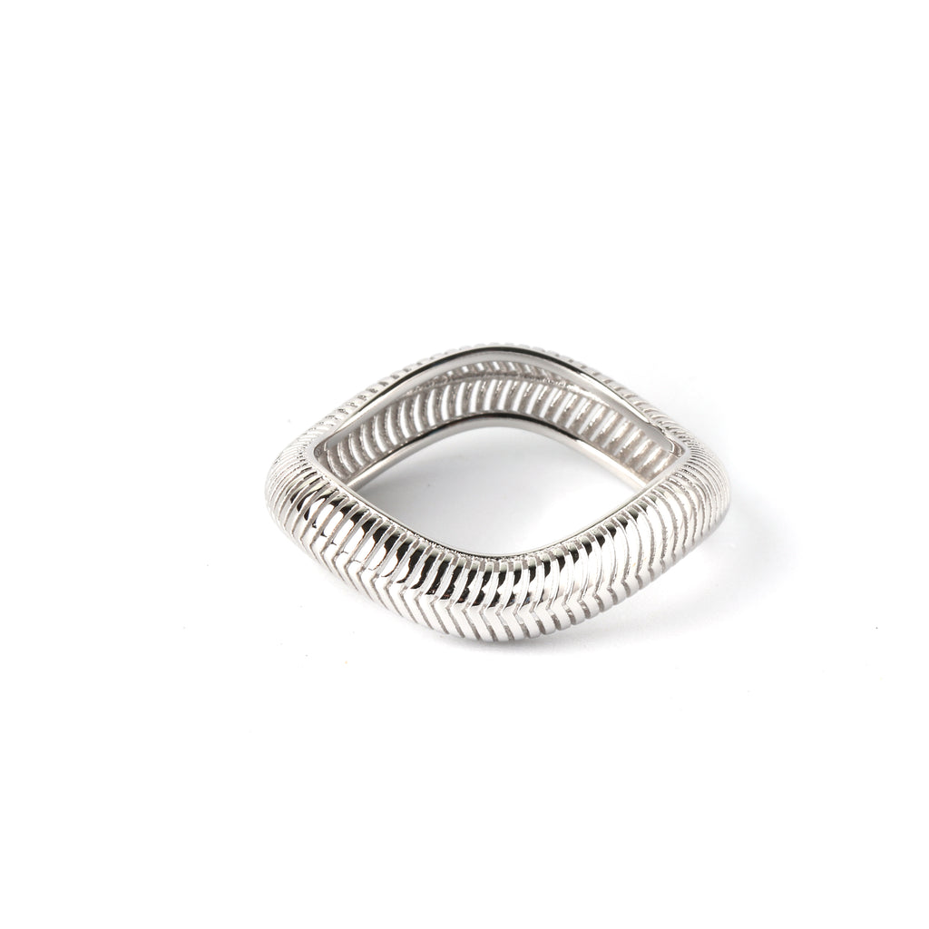 Close-up of 925 sterling silver square cut-out ring with textured finish by Jewelry by Crimson