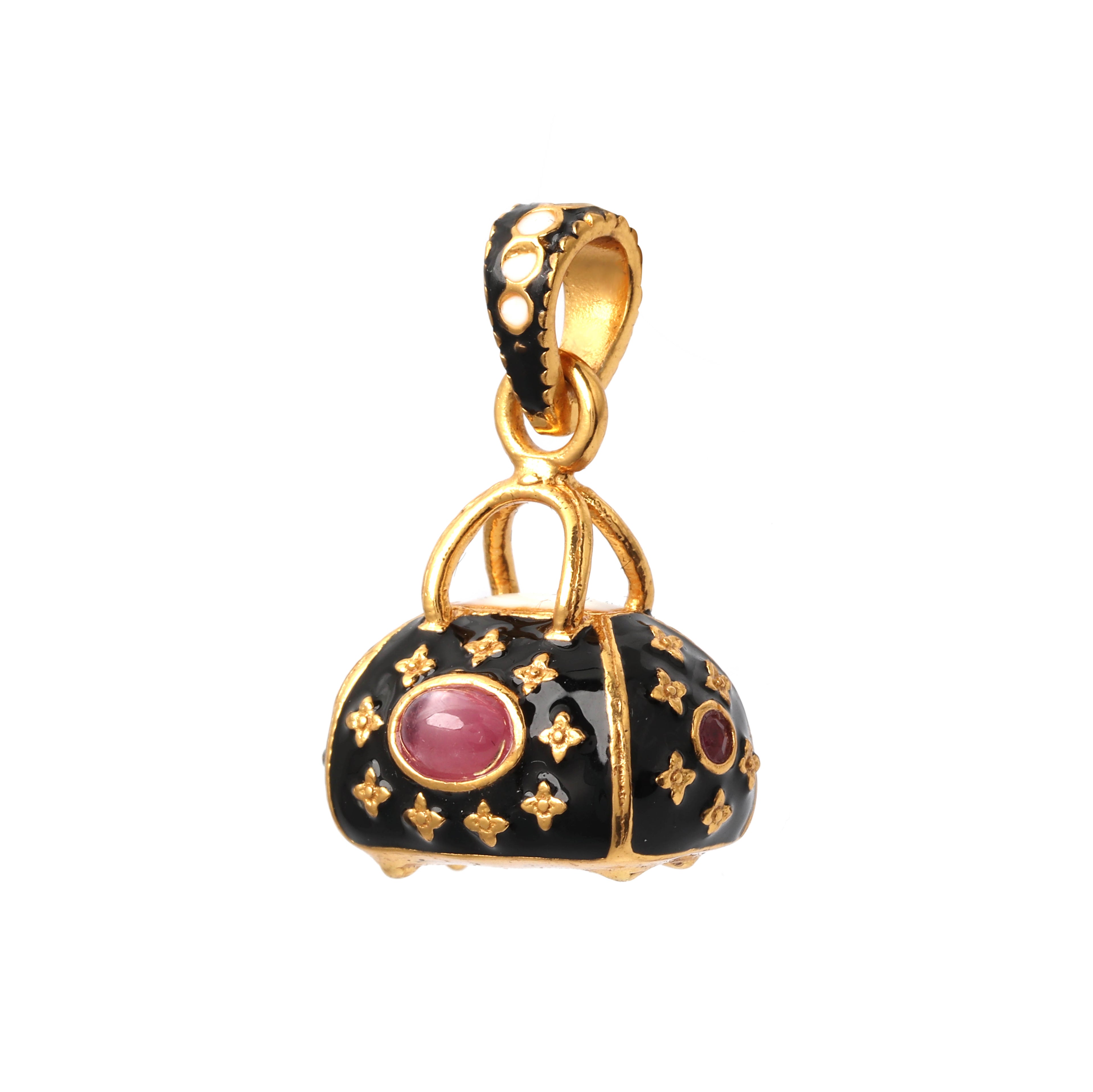 Vintage purse pendant with ruby gemstone and black enamel finish