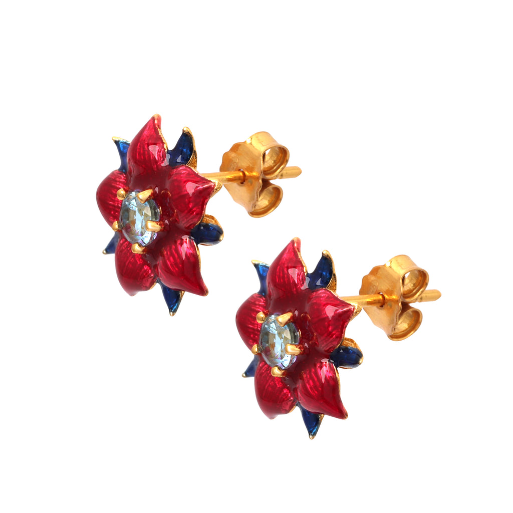 Handcrafted blue topaz earrings with red and blue enamel petals