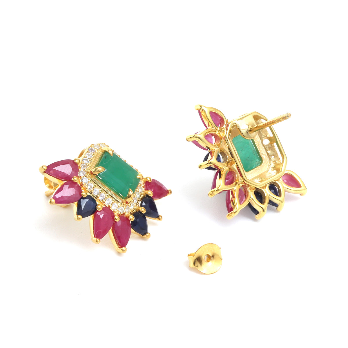 Emerald & Blue Sapphire Cluster Stud Earrings in 18K Gold-Plated Sterling Silver