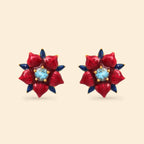 Red and blue enamel flower earrings with blue gemstone center, sterling silver jewelry