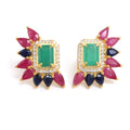 Emerald & Blue Sapphire Cluster Stud Earrings in 18K Gold-Plated Sterling Silver