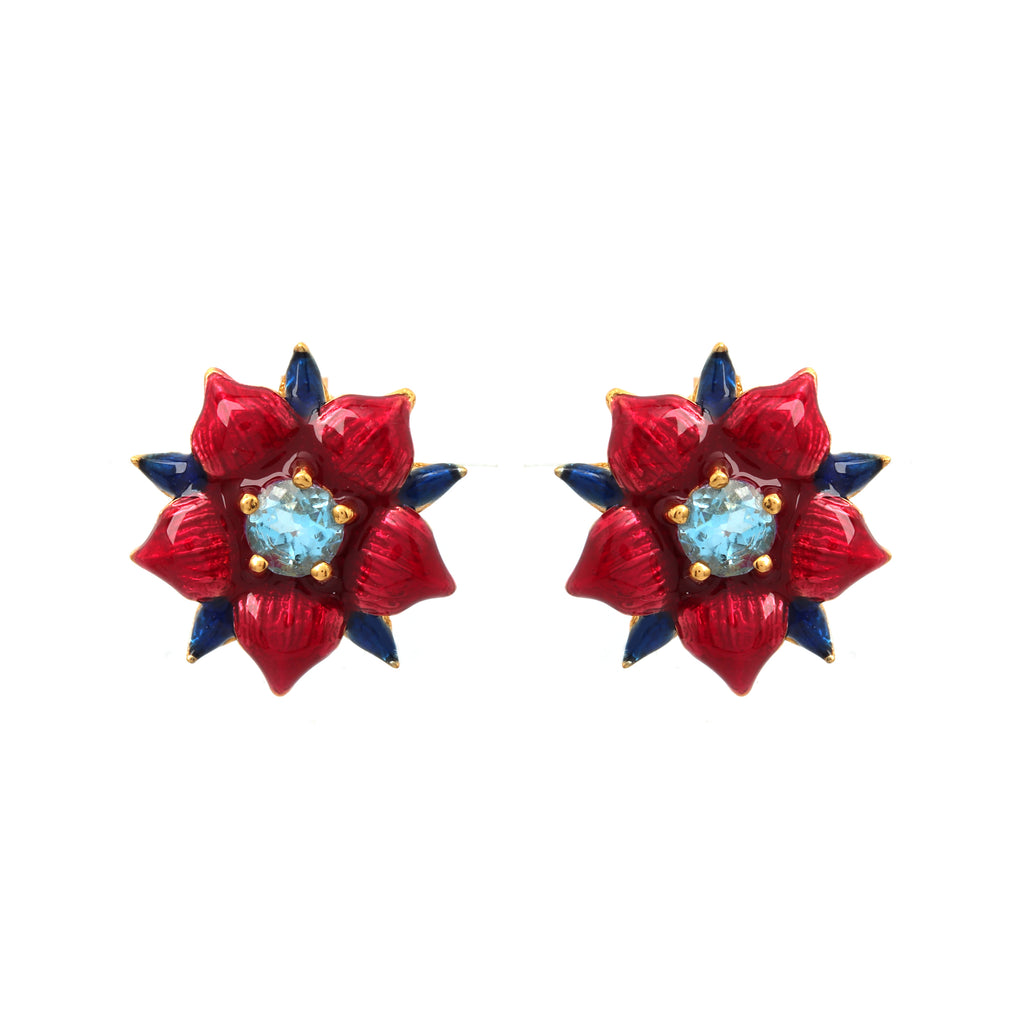 Gold plated blue topaz floral stud earrings in 925 sterling silver