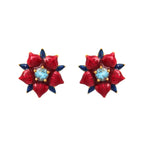 Red and blue enamel flower stud earrings with central blue gemstone, gold-tone setting