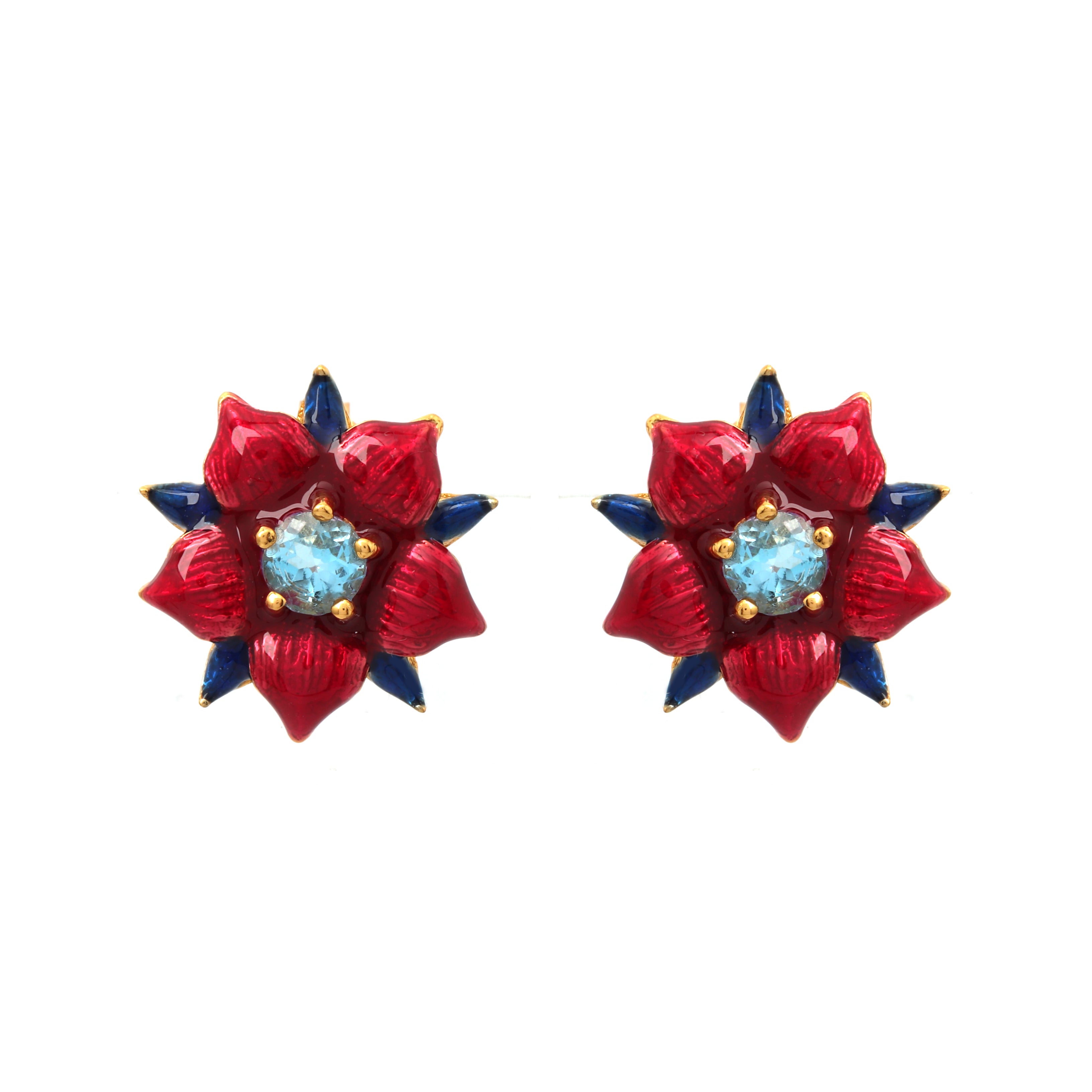 Gold plated blue topaz floral stud earrings in 925 sterling silver