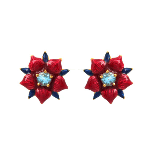 Gold plated blue topaz floral stud earrings in 925 sterling silver