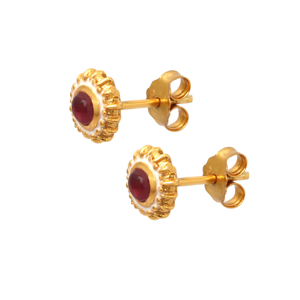 Handcrafted ruby gemstone earrings with white enamel detailing