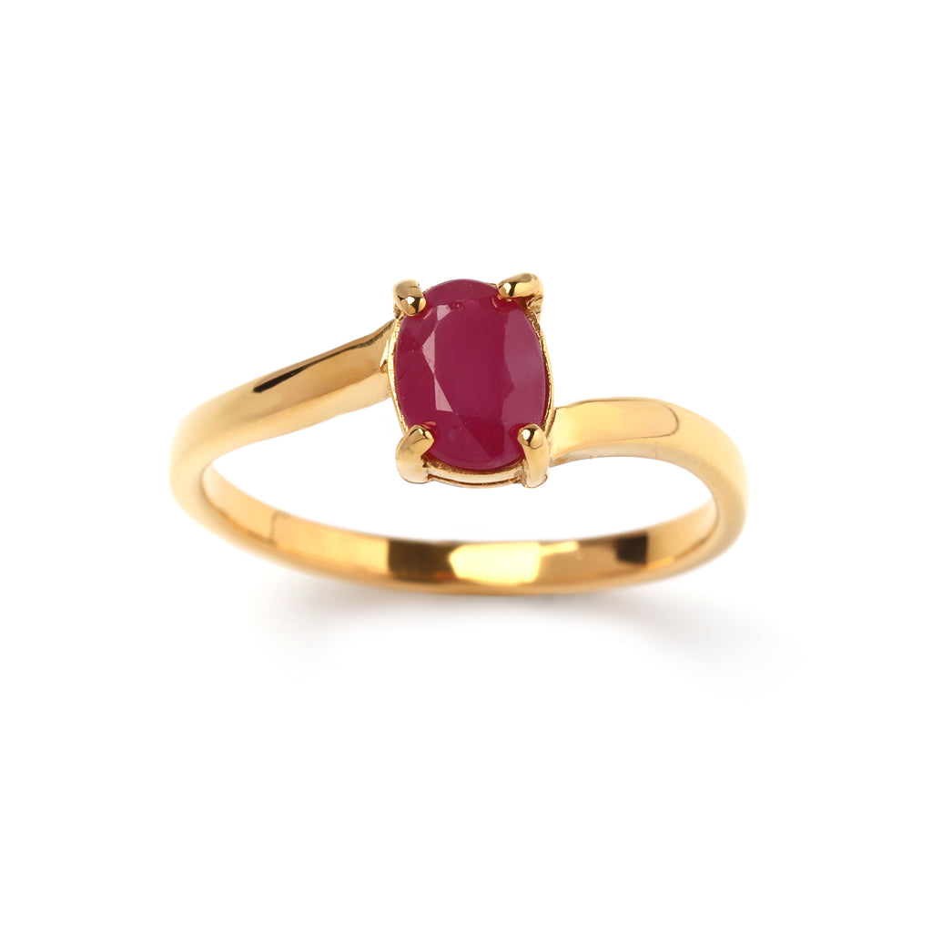 Minimal ruby 925 sterling silver ring shown from side angle with slim gold band