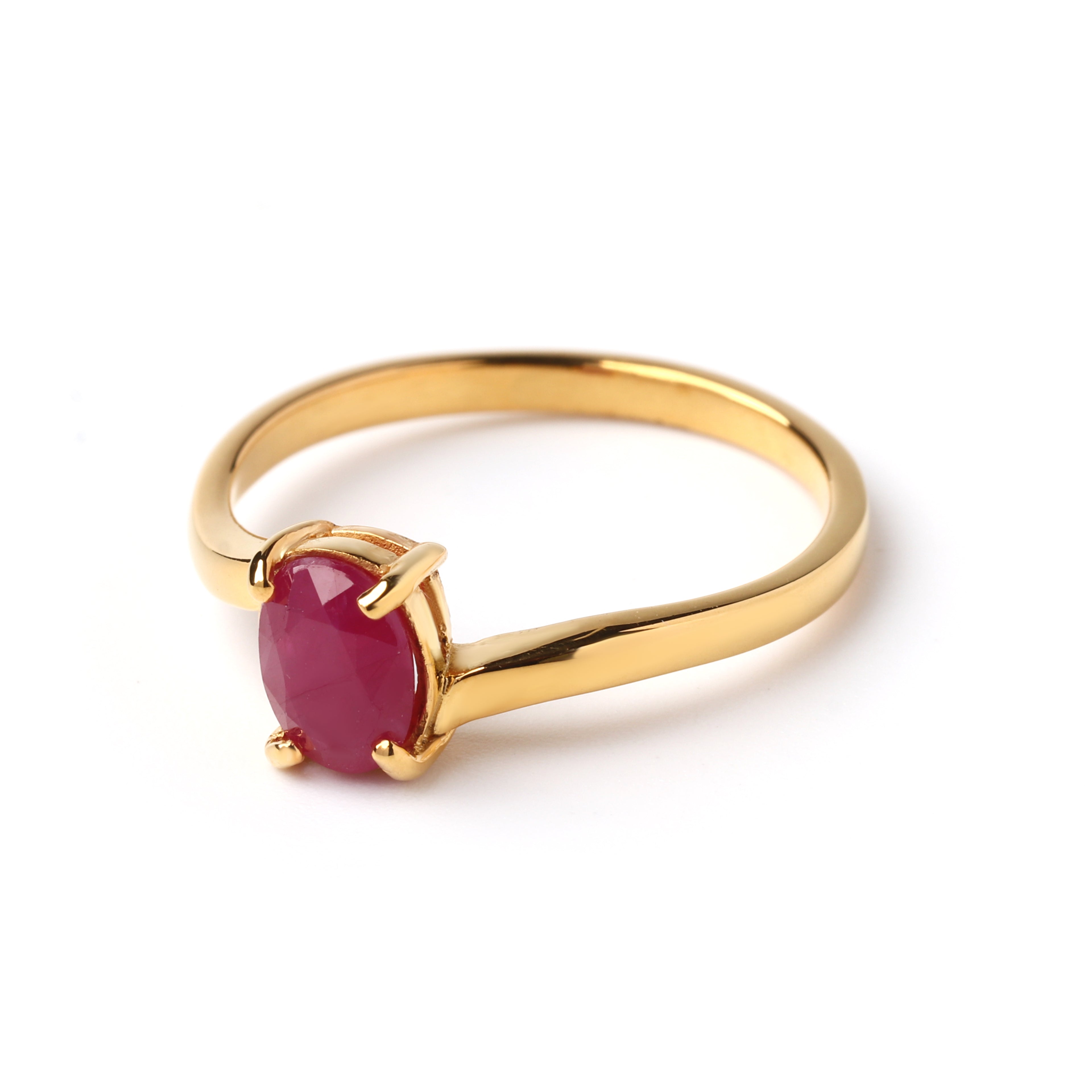 Oval ruby gemstone prong setting detail on hypoallergenic sterling silver ring