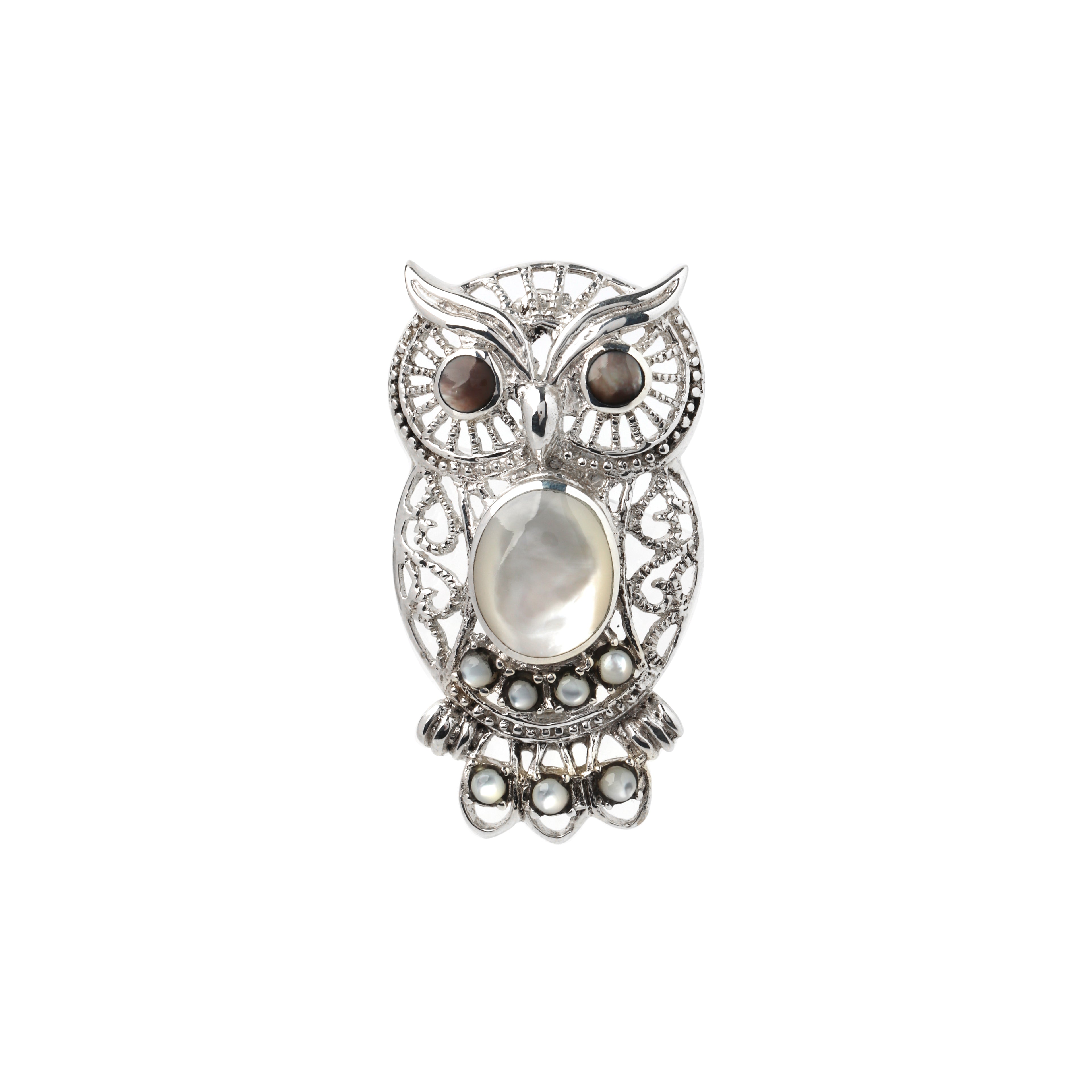 Mother of pearl owl brooch in 925 sterling silver