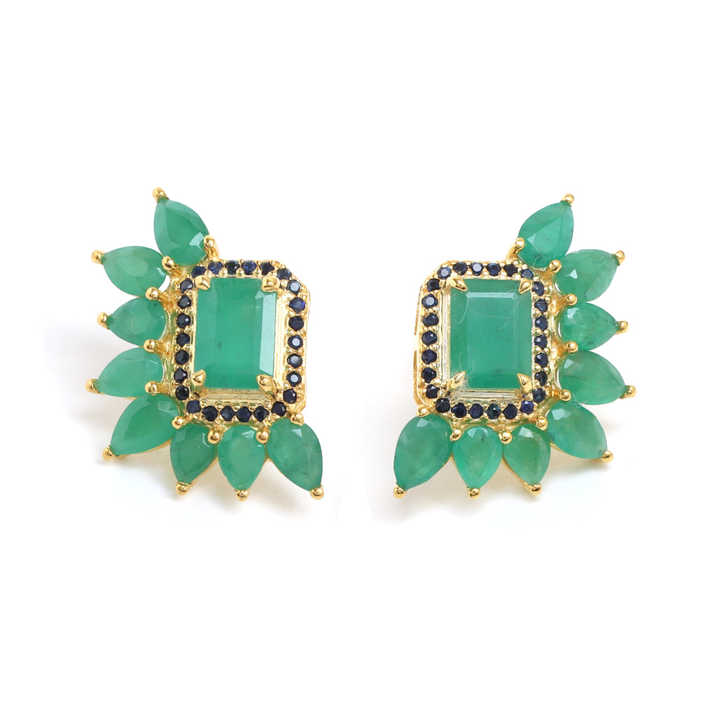Emerald Cluster Stud Earrings with Sapphire in 18K Gold-Plated Sterling Silver