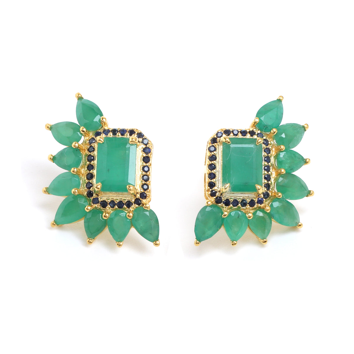 Emerald Cluster Stud Earrings with Sapphire in 18K Gold-Plated Sterling Silver