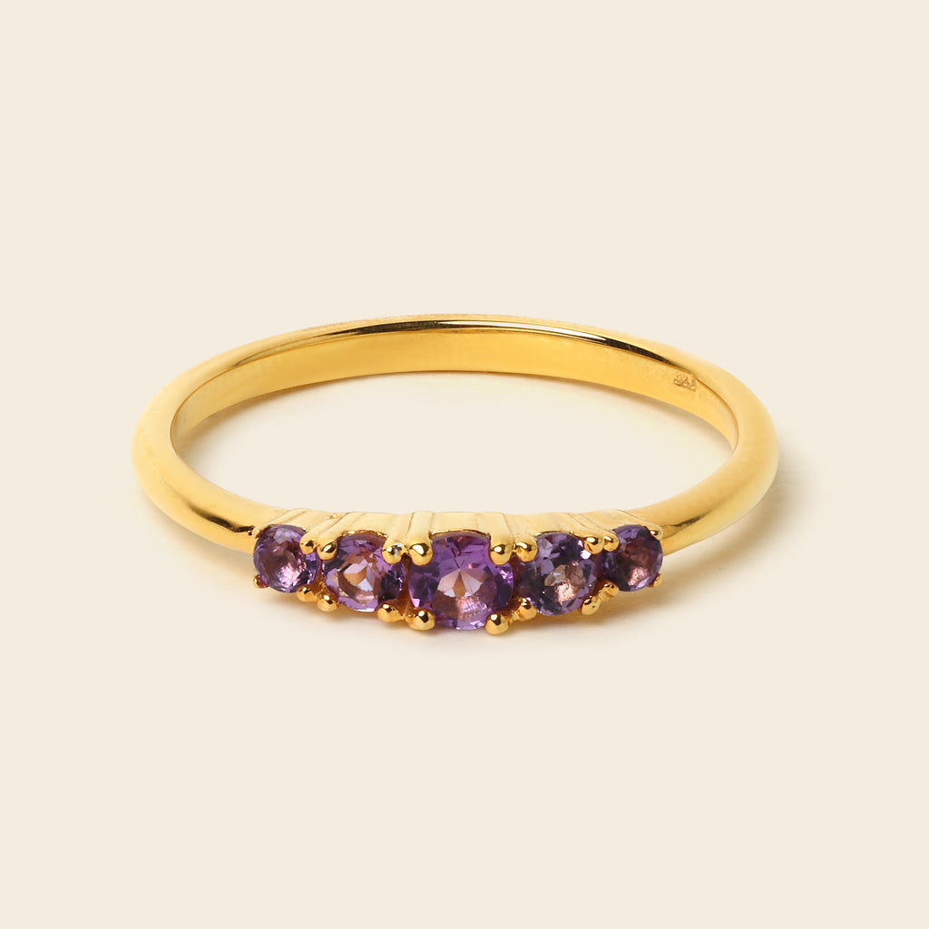 A yellow gold ring featuring five round-cut purple gemstones set across the front, photographed on a clean, solid light beige background.