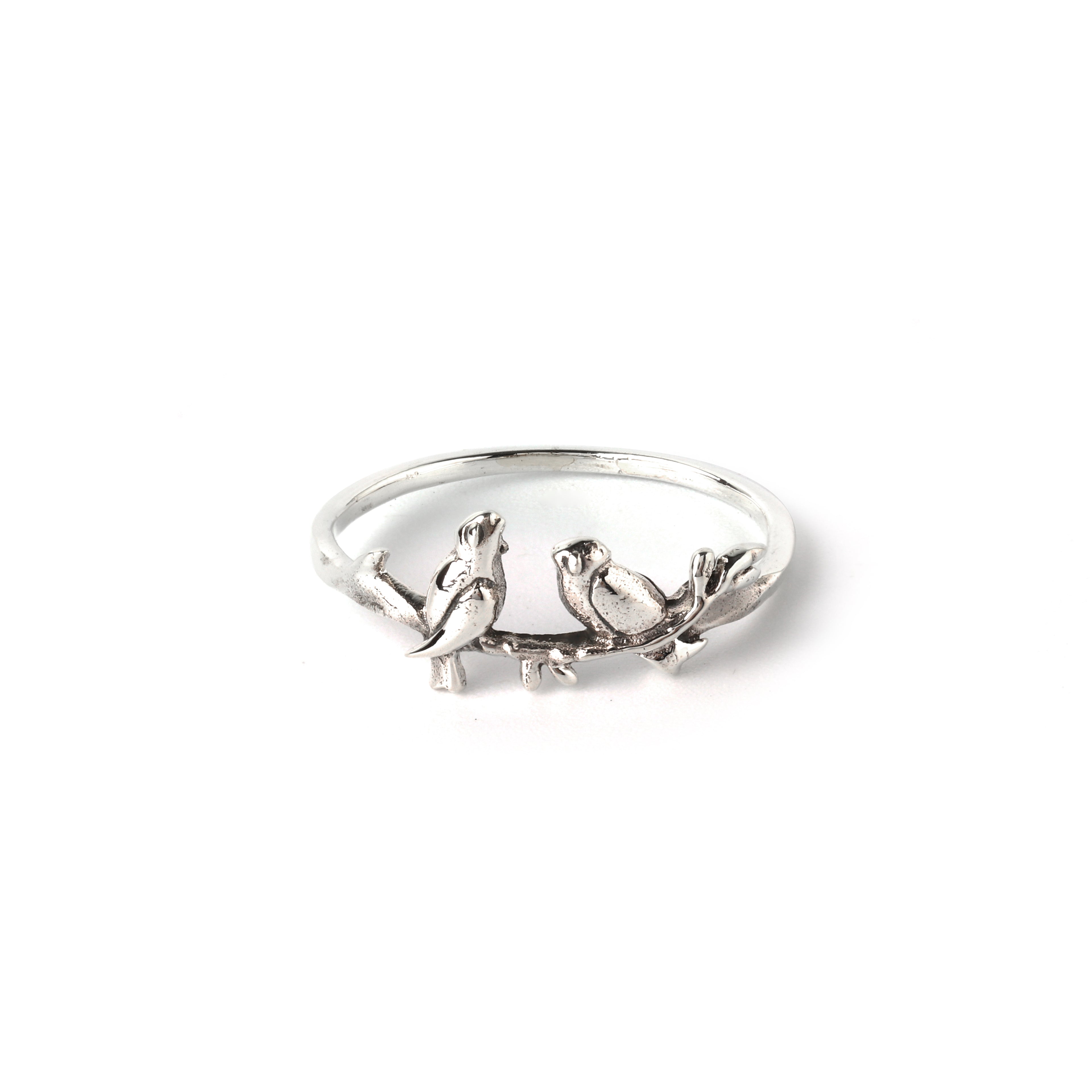Close-up of 925 sterling silver couple bird ring with polished finish and sculpted bird details by Jewelry by Crimson