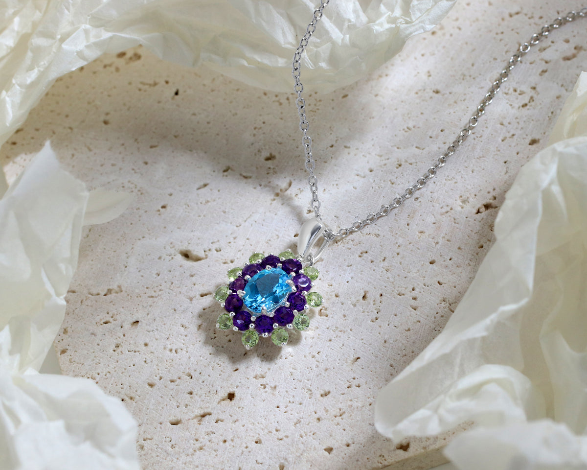 Blue Topaz, Amethyst & Peridot Flower Cluster Pendant in 925 Sterling Silver