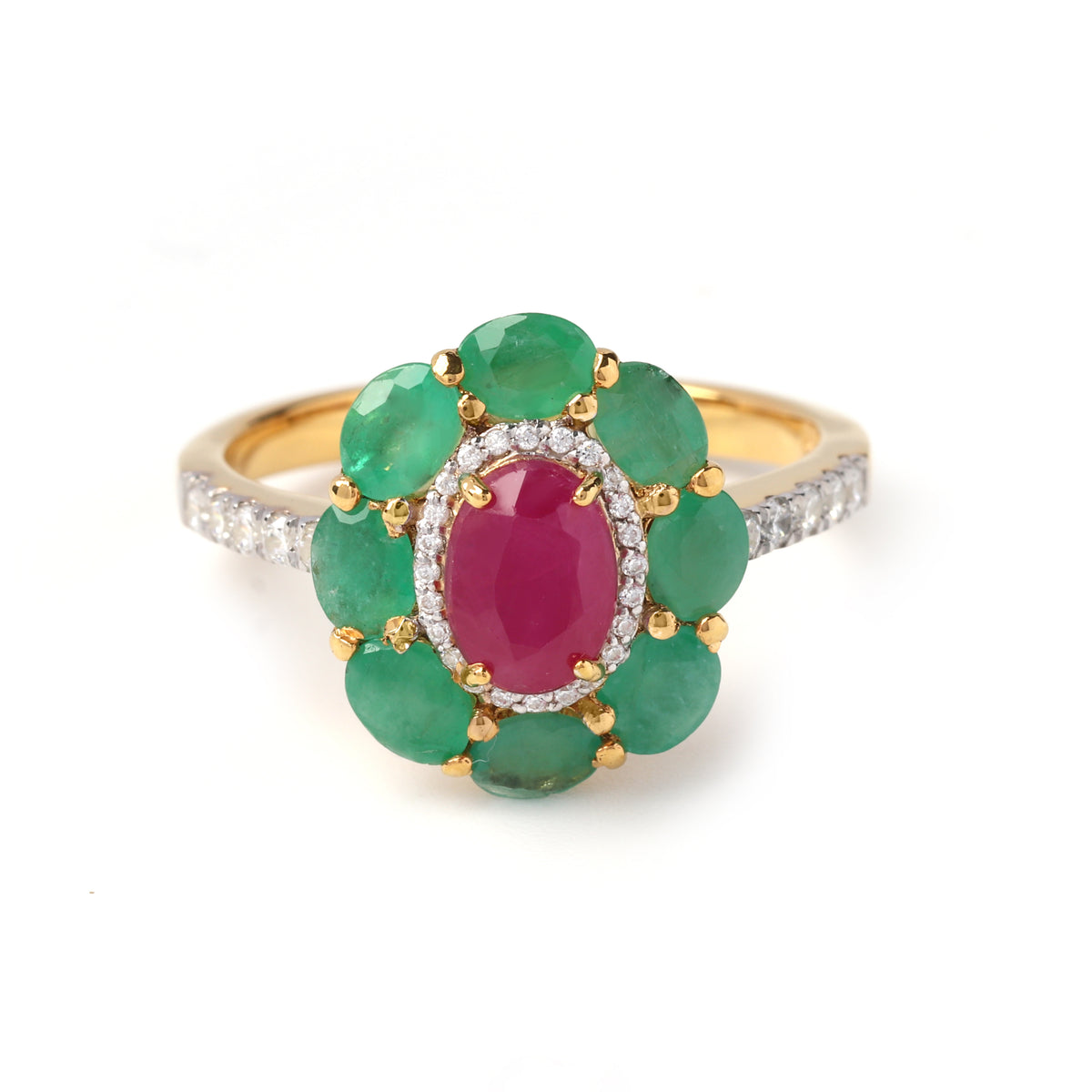 Ruby & Emerald Flower Halo Ring in 925 Sterling Silver