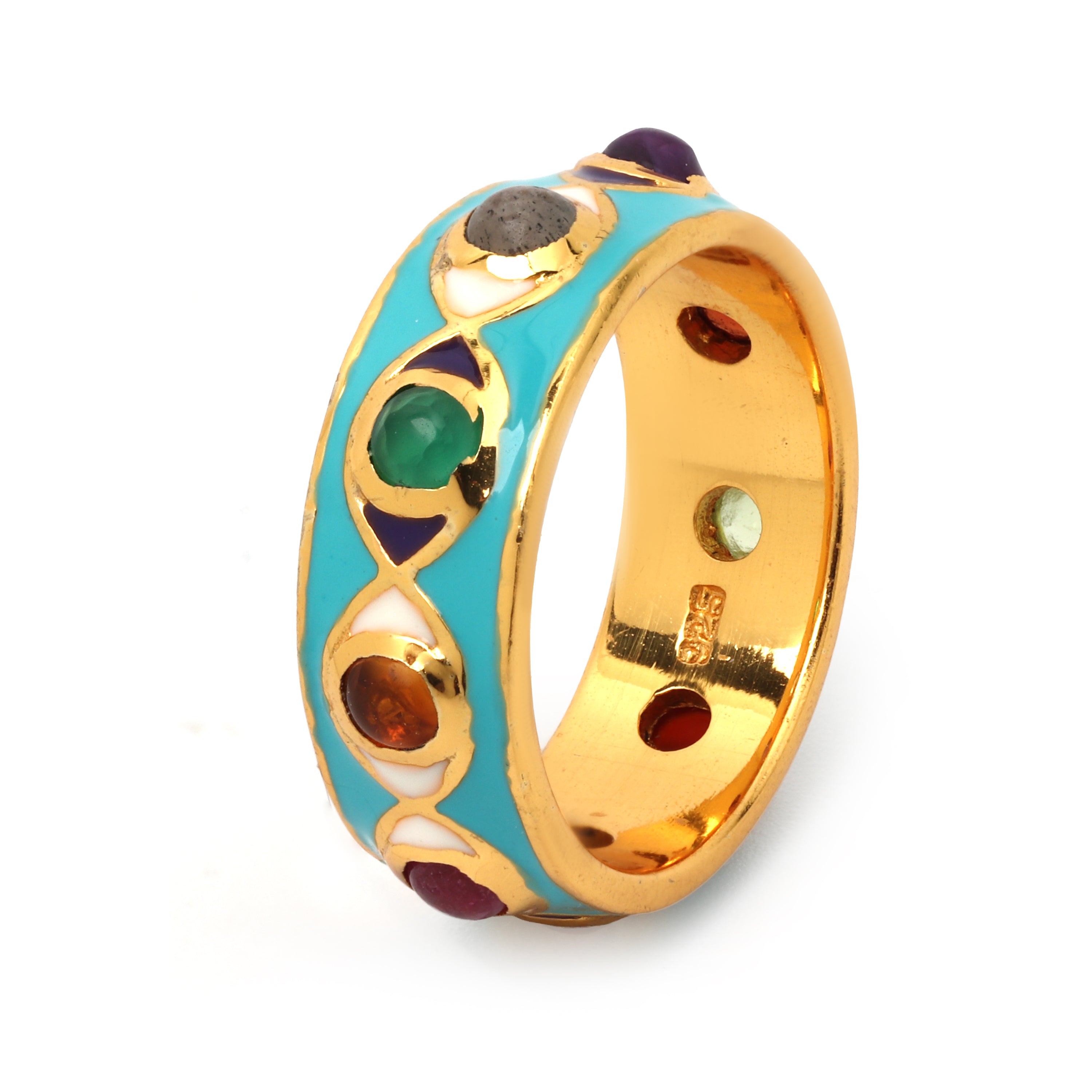 Handcrafted multi gem band ring featuring colorful gemstone accents