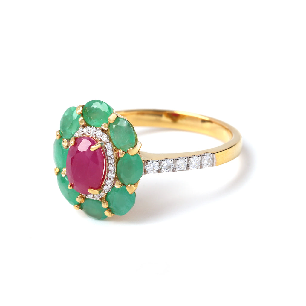 Bloom-inspired ruby emerald halo ring in gold-finished sterling silver by Jewelry by Crimson