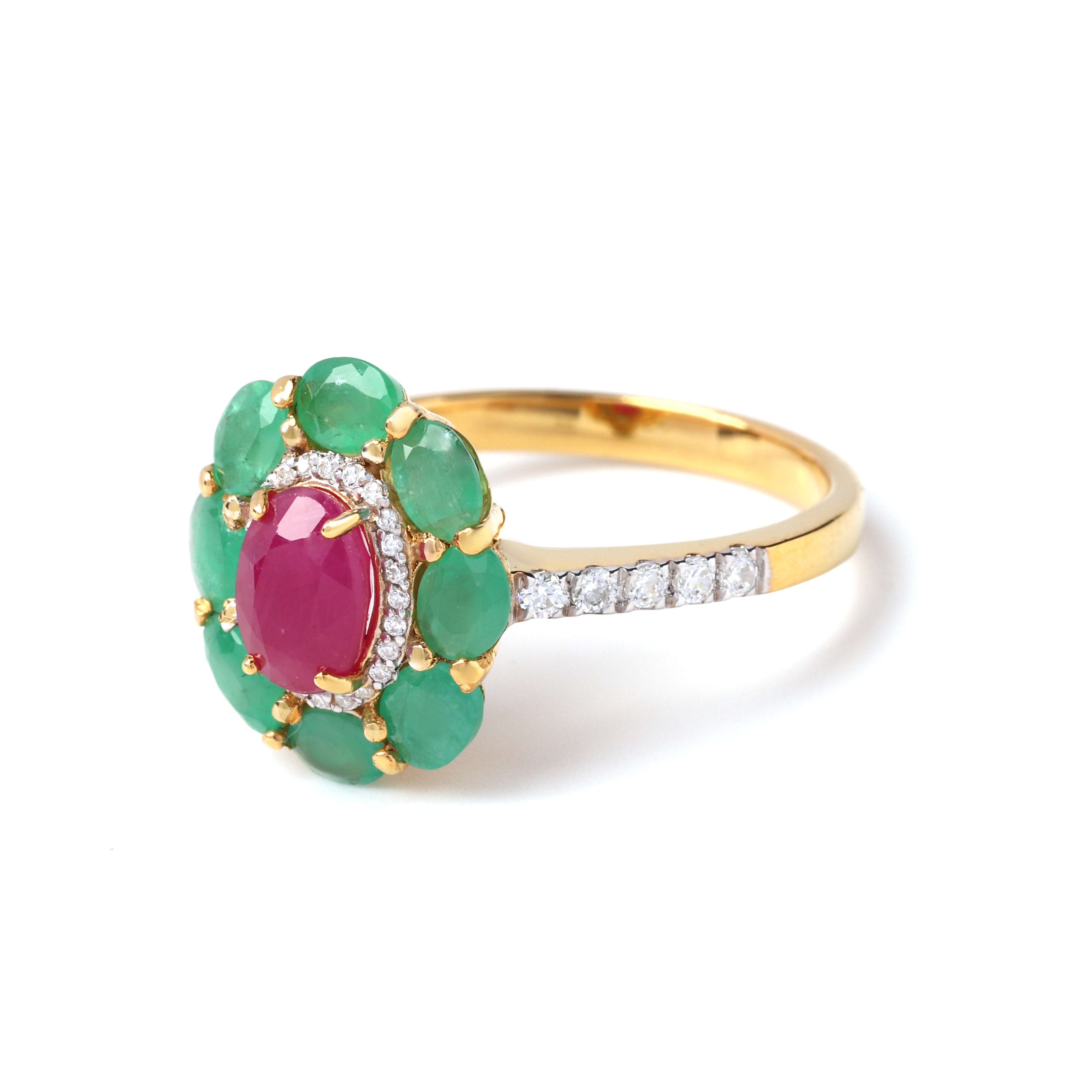 Bloom-inspired ruby emerald halo ring in gold-finished sterling silver by Jewelry by Crimson