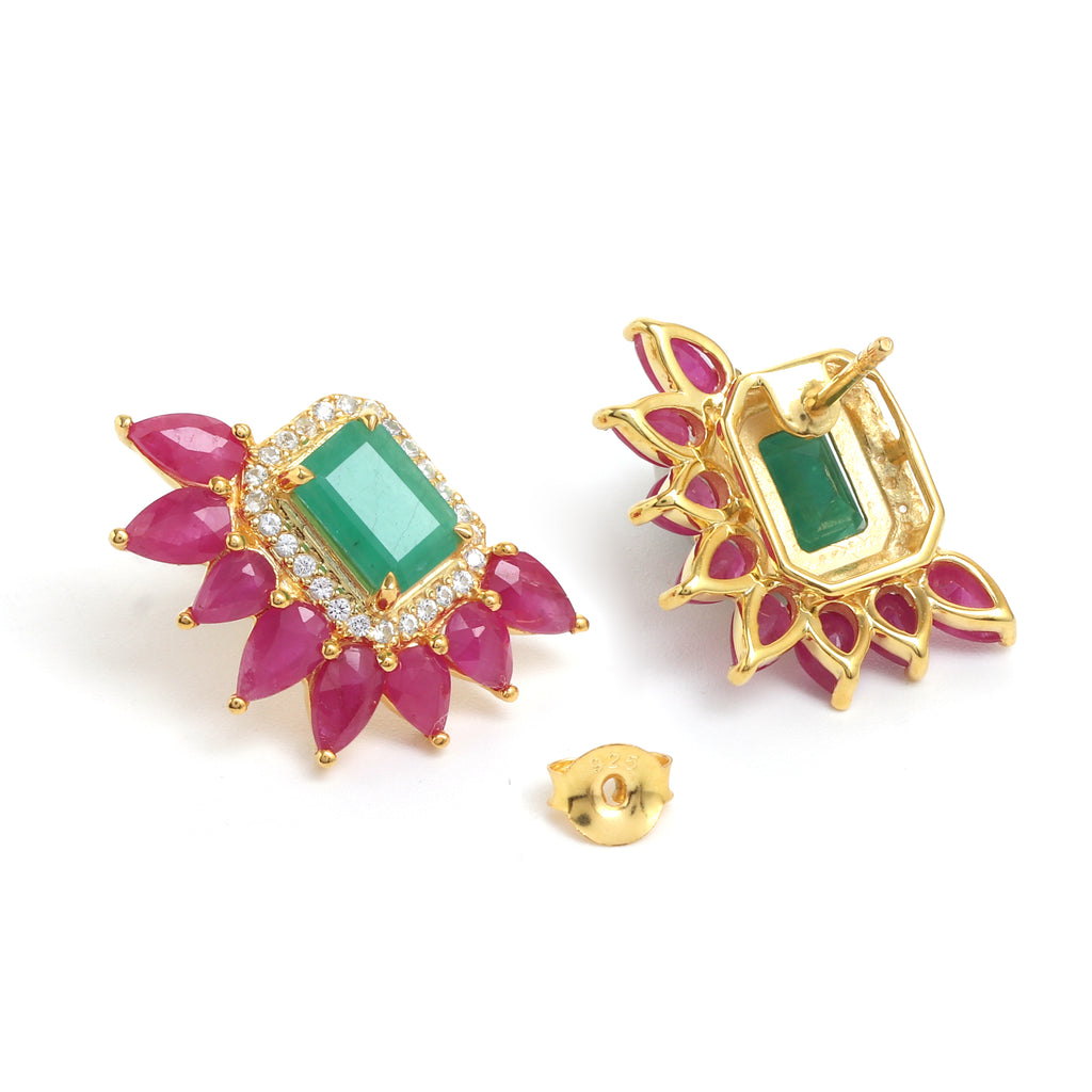 Emerald & Ruby Cluster Stud Earrings in 18K Gold-Plated Sterling Silver