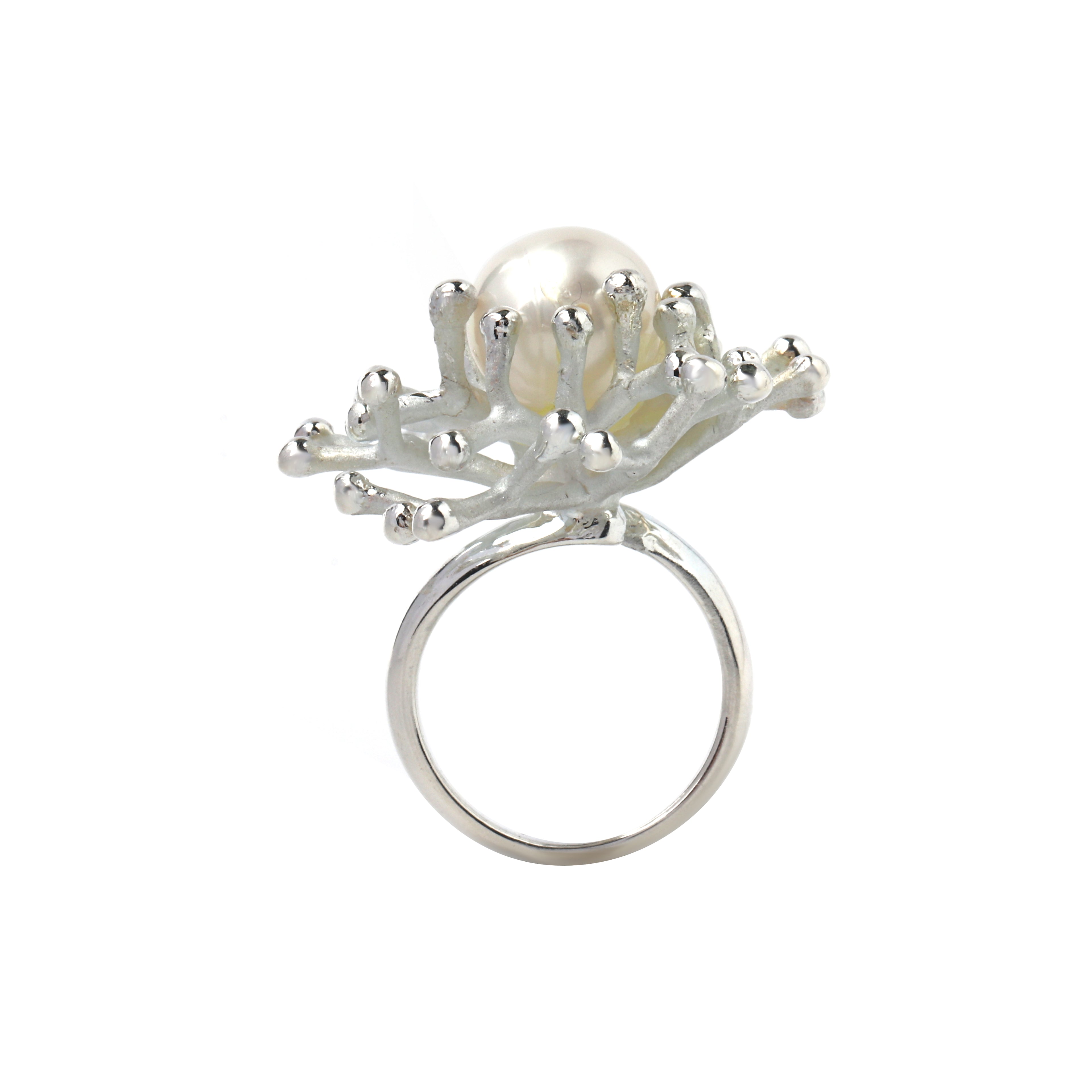 Contemporary sterling silver pearl jewelry ring