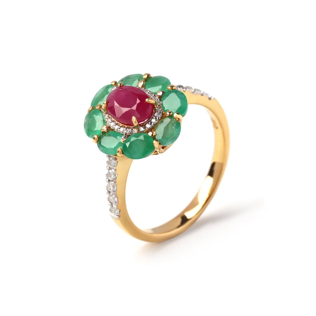 Floral ruby and emerald cluster ring worn elegantly, crafted in 925 sterling silver