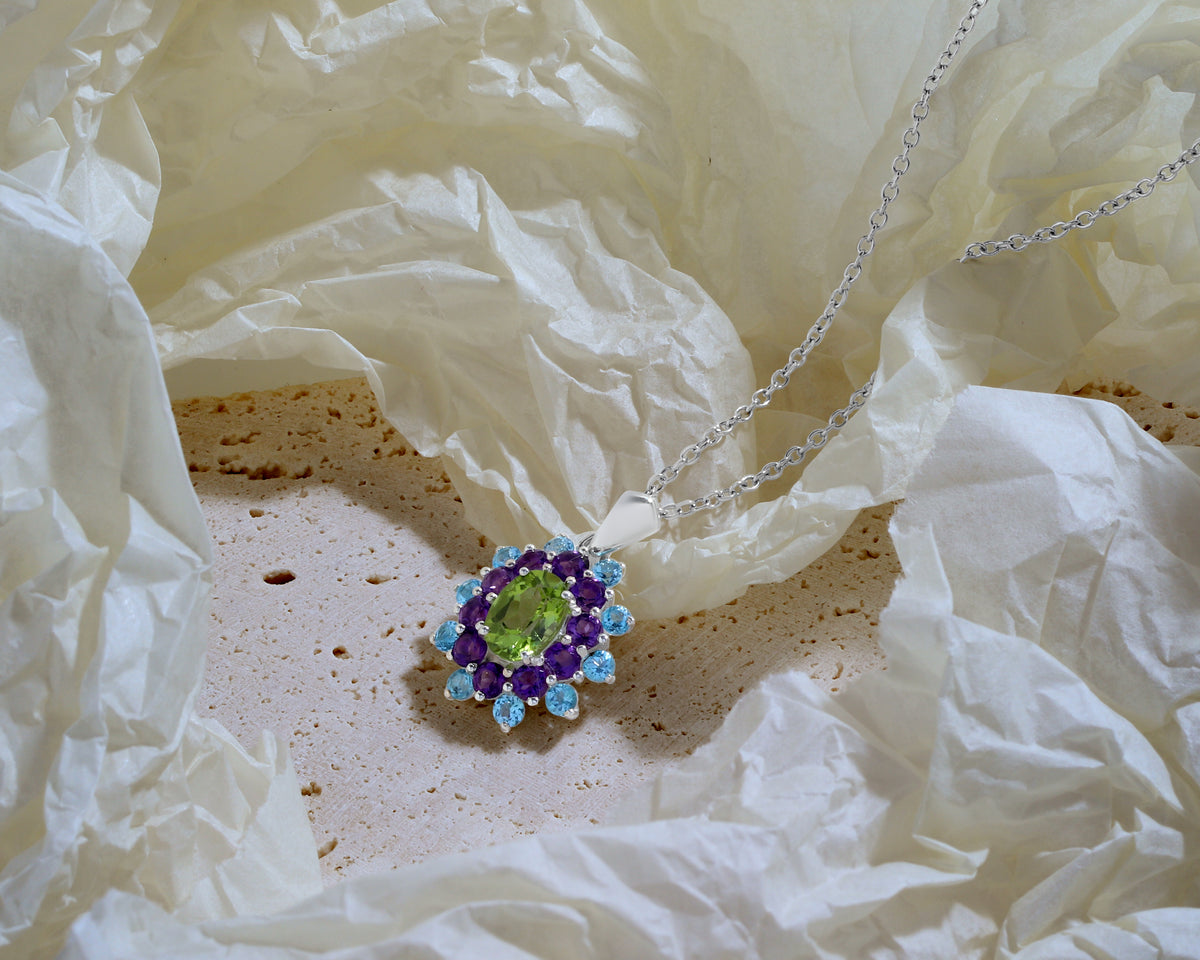 Peridot, Amethyst & Blue Topaz Flower Cluster Pendant in 925 Sterling Silver