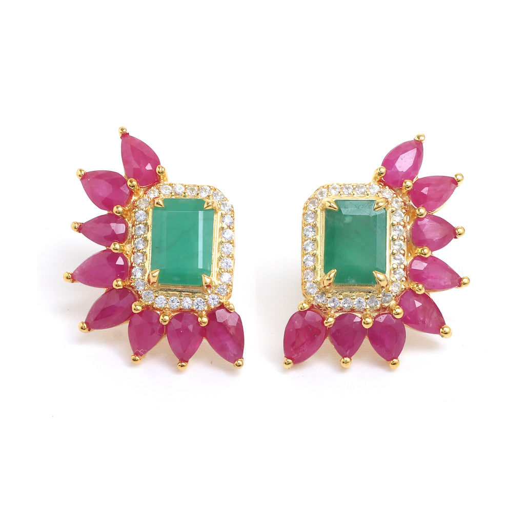 Emerald & Ruby Cluster Stud Earrings in 18K Gold-Plated Sterling Silver