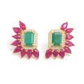 Emerald & Ruby Cluster Stud Earrings in 18K Gold-Plated Sterling Silver