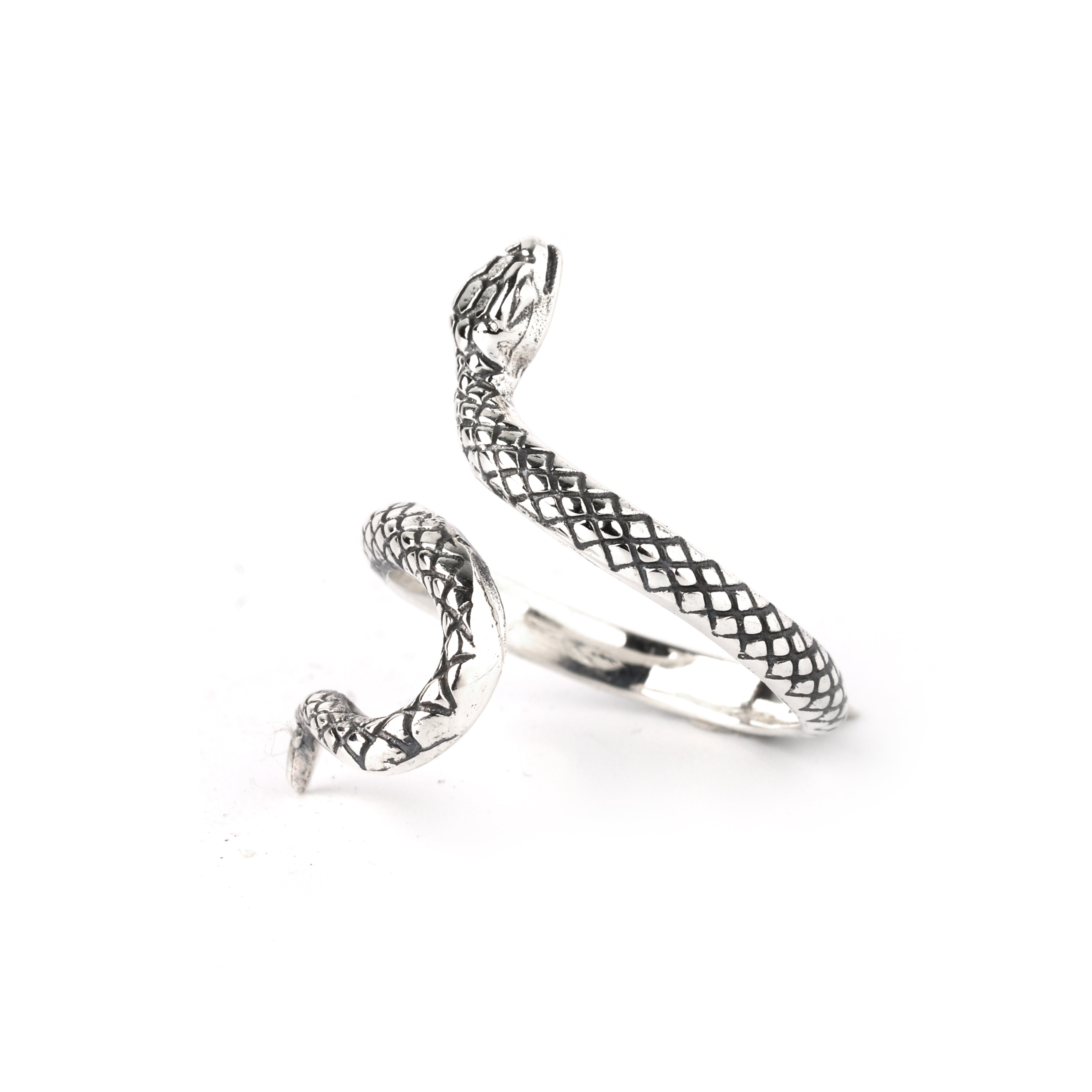 Modern wrap-style snake ring in 925 sterling silver, handcrafted hypoallergenic jewelry by Jewelry by Crimson