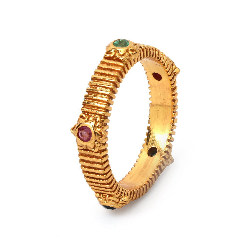 Handcrafted multi gem ring with textured gold finish