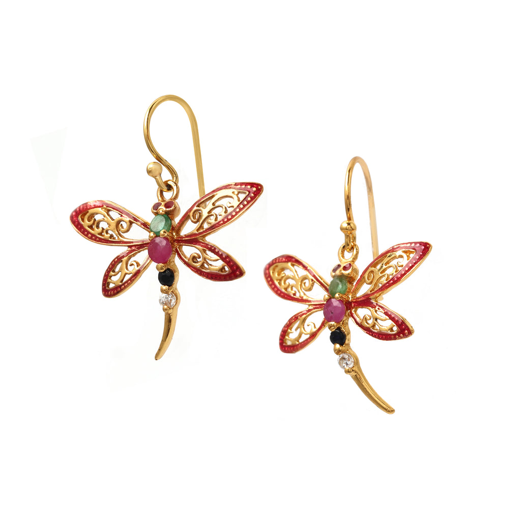 Colorful dragonfly earrings with gemstone accents and gold finish