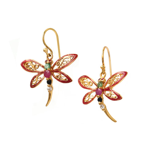 Colorful dragonfly earrings with gemstone accents and gold finish