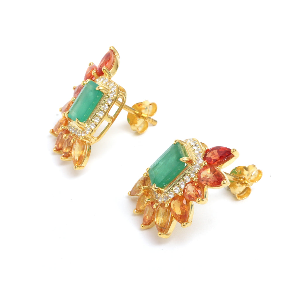 Emerald & Fancy Sapphire Cluster Stud Earrings in 18K Gold-Plated Sterling Silver