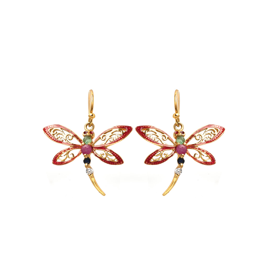 Multi gem dragonfly drop earrings in 14K gold plated 925 sterling silver