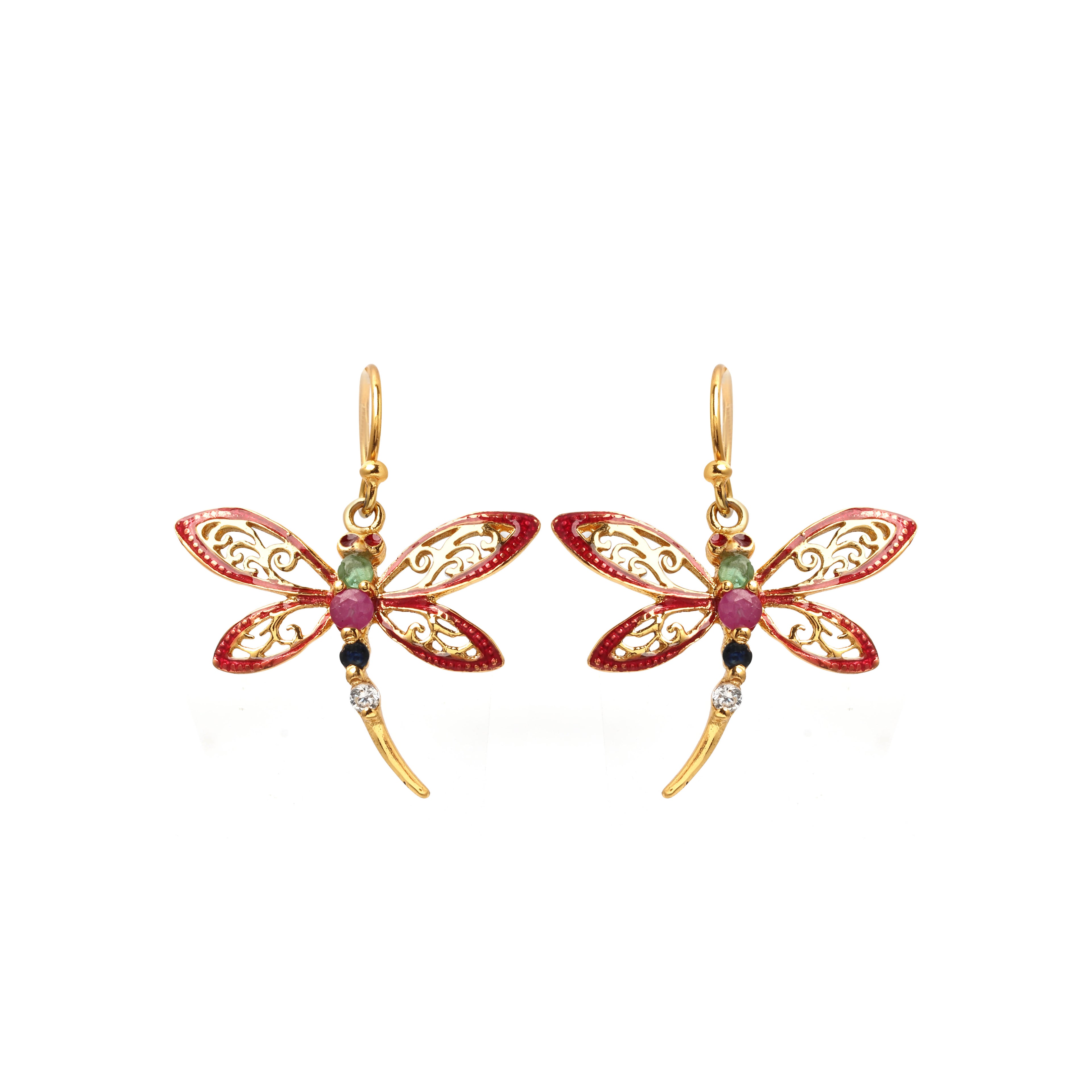 Multi gem dragonfly drop earrings in 14K gold plated 925 sterling silver