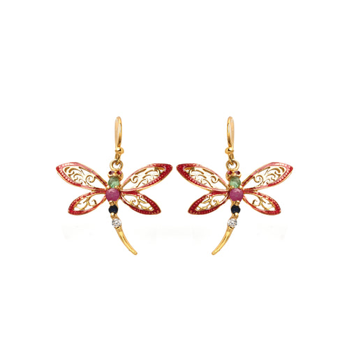Multi gem dragonfly drop earrings in 18K gold plated 925 sterling silver