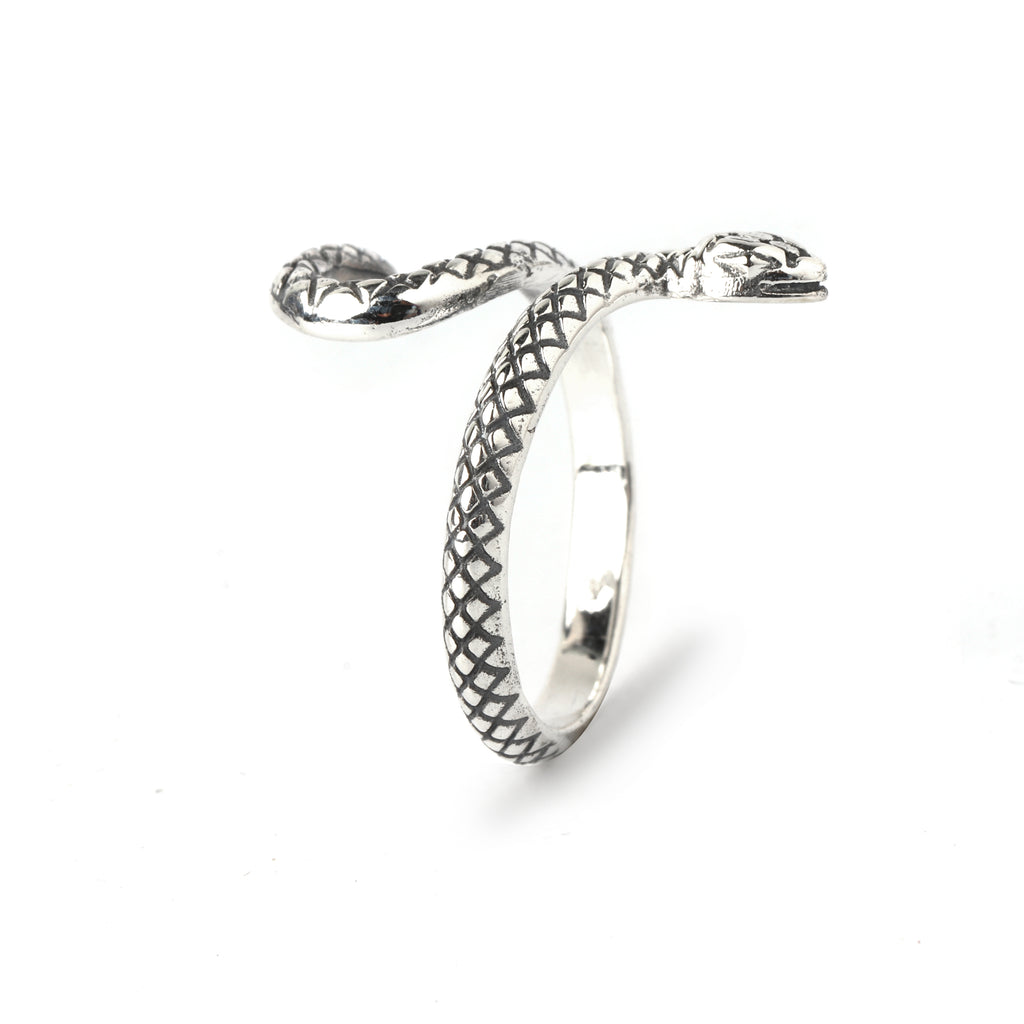 Textured serpent coil ring showing intricate silver scale detailing in sterling silver 925