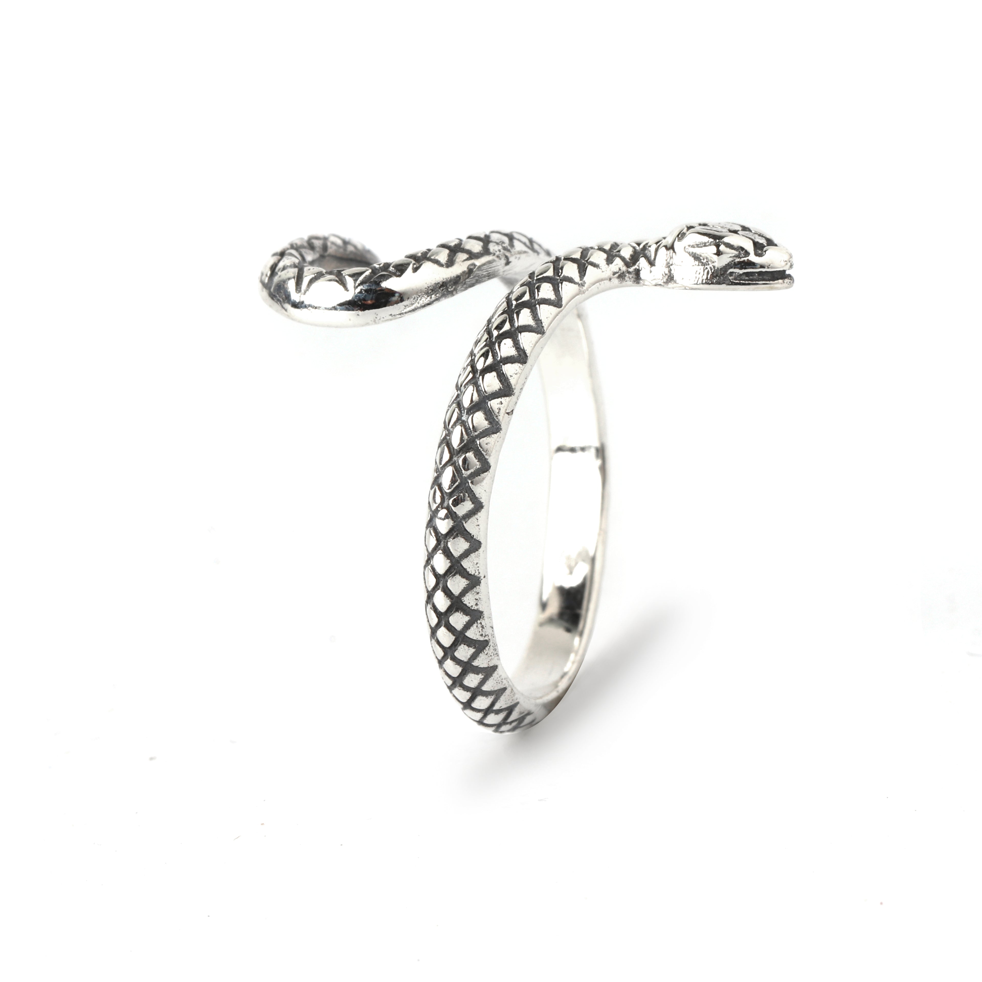 Textured serpent coil ring showing intricate silver scale detailing in sterling silver 925