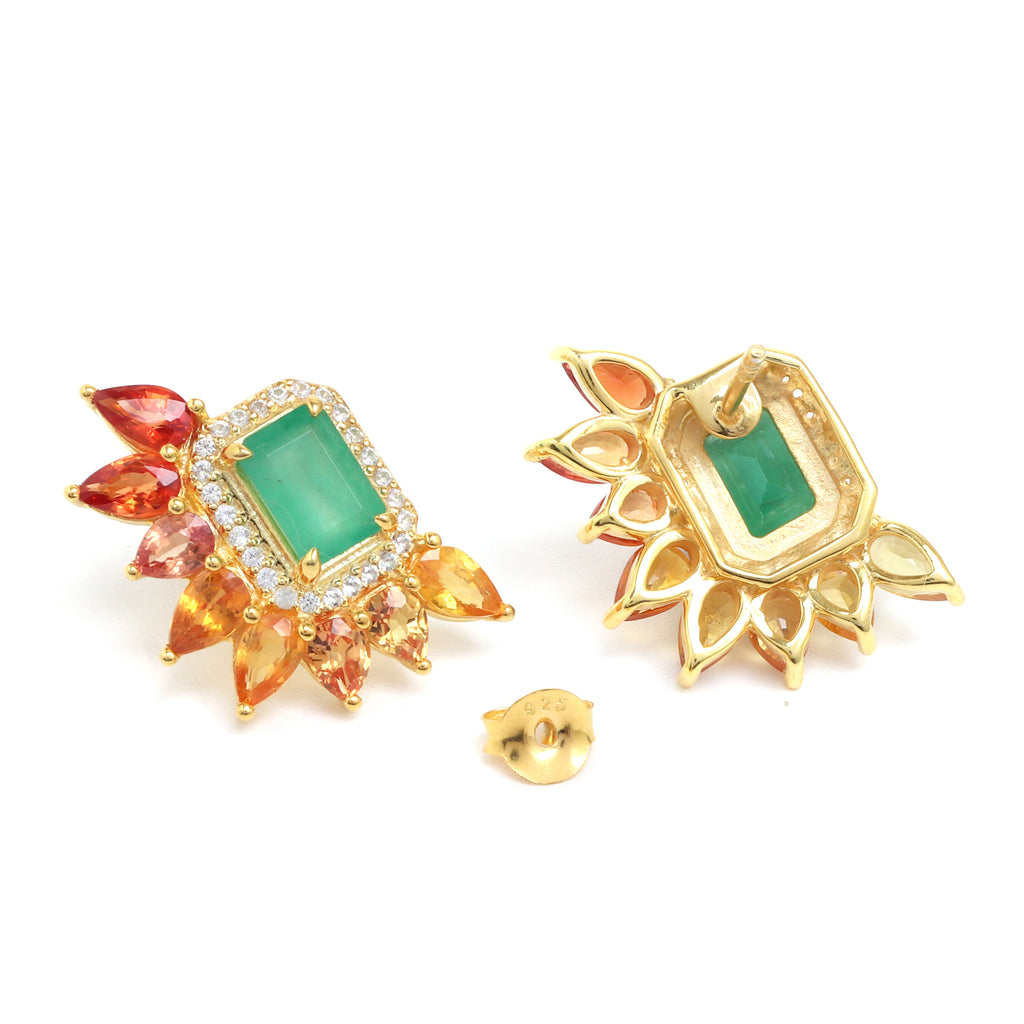 Emerald & Fancy Sapphire Cluster Stud Earrings in 18K Gold-Plated Sterling Silver
