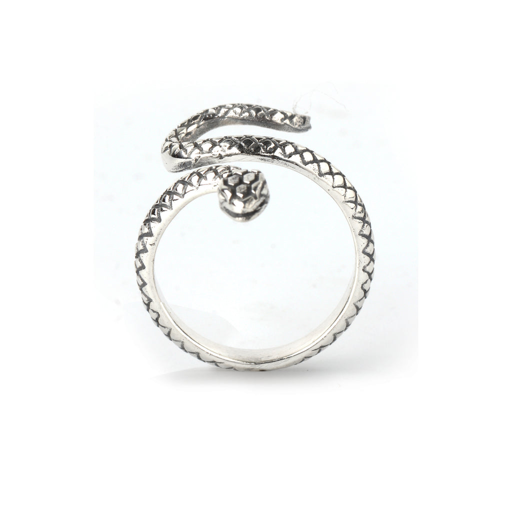 Textured serpent coil ring showing intricate silver scale detailing in sterling silver 925