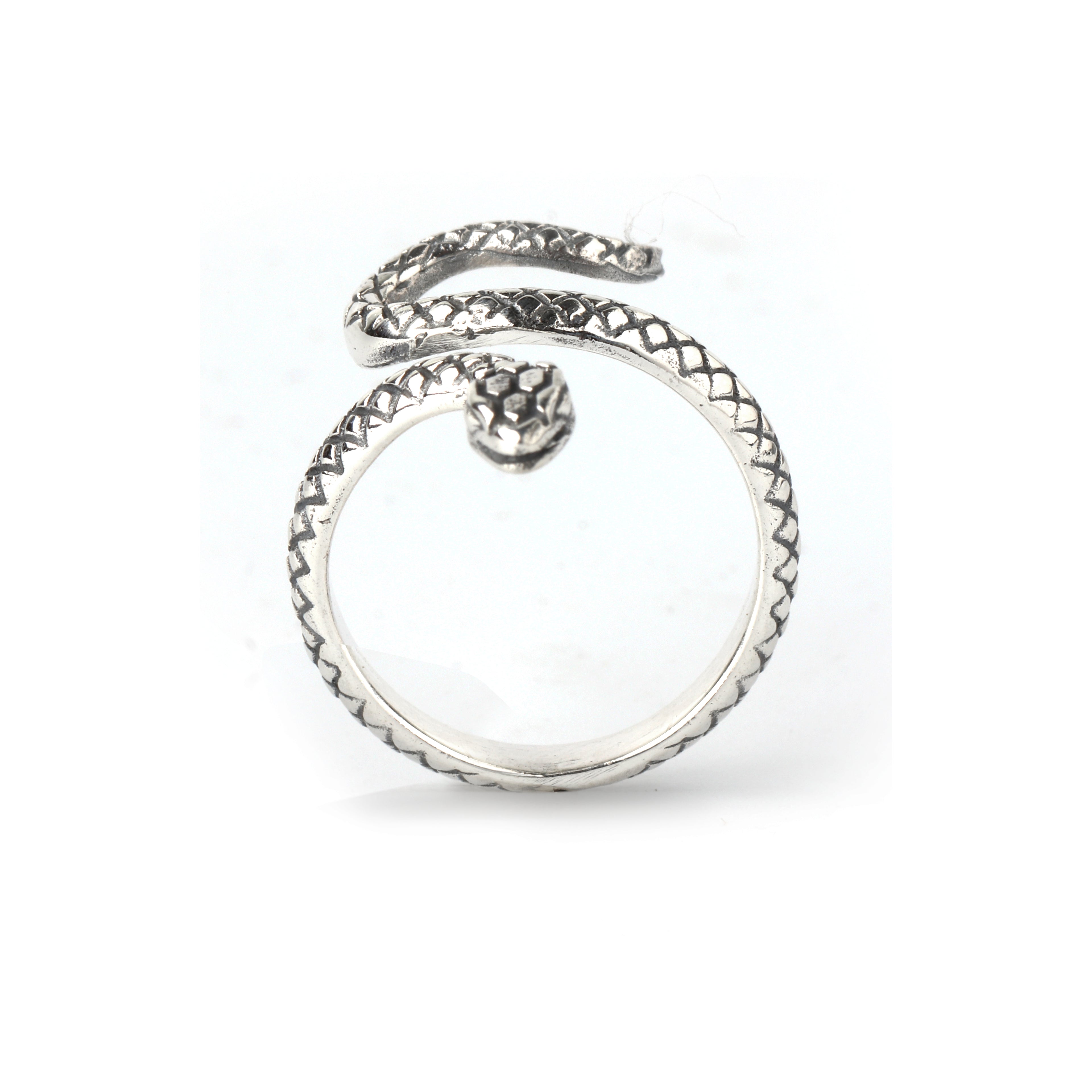 Textured serpent coil ring showing intricate silver scale detailing in sterling silver 925