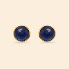 Gold stud earrings with round blue gemstones, handcrafted silver jewelry