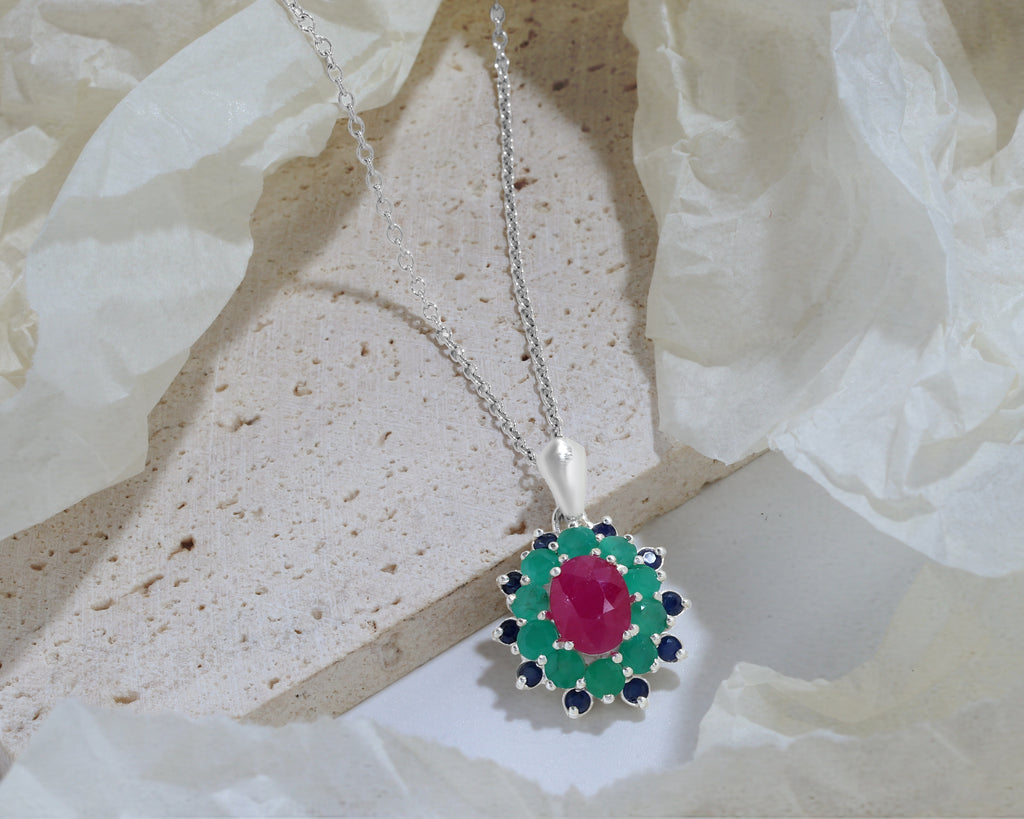 Ruby, Emerald & Blue Sapphire Flower Cluster Pendant in 925 Sterling Silver